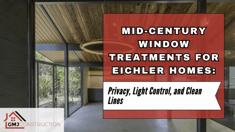 Red sign displaying mid-century window treatments text