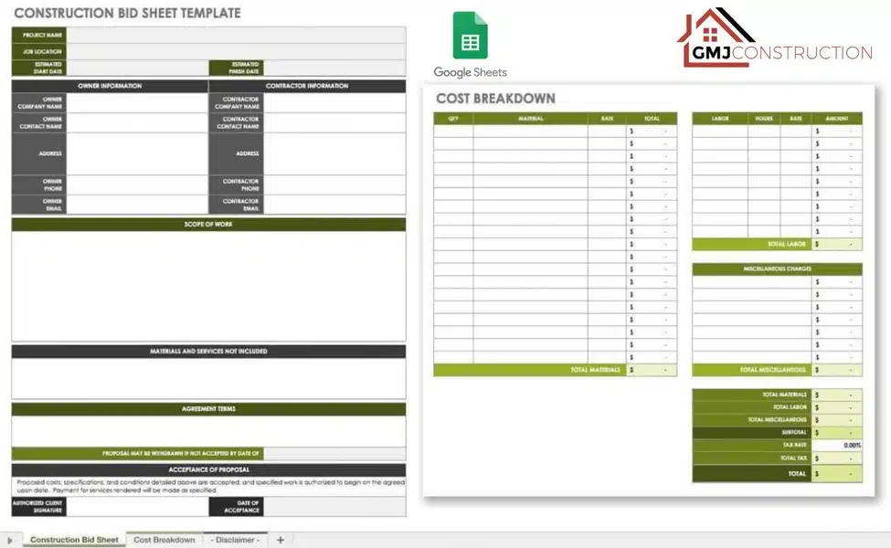 Bid Form Google Sheet - GMJ Construction