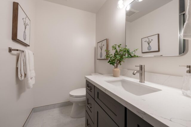 Sapphire Ct bathroom in San Jose with dark vanity cabinetry and a white countertop