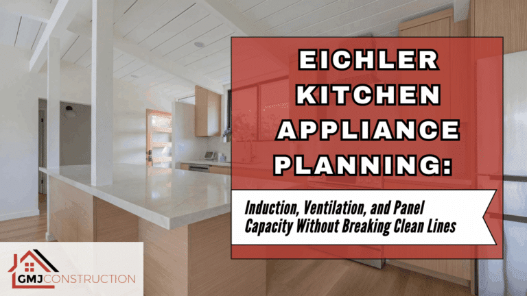 Eichler kitchen with a red sign for appliance
