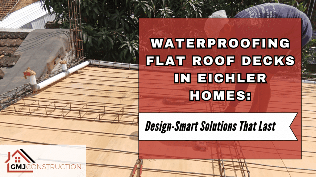 Flat roof deck with waterproofing sign