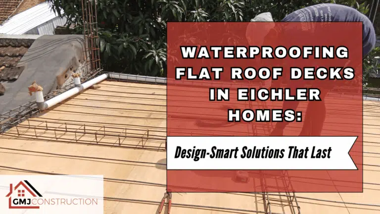 Flat roof deck with waterproofing sign