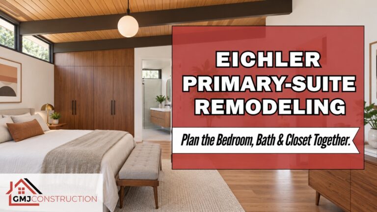Eichler primary-suite remodeling concept with bedroom, wardrobe and bathroom connection