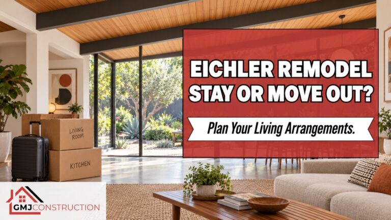 Illustrated Eichler living room with moving boxes and suitcase beside Stay or Move Out remodeling guide title