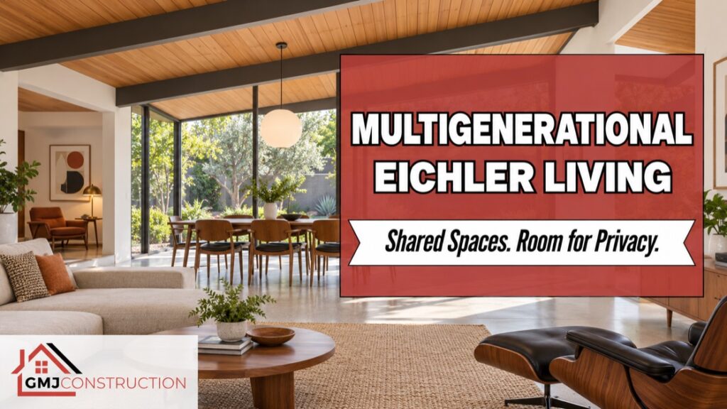 Illustrative Eichler living and dining space with a separate reading nook for multigenerational living