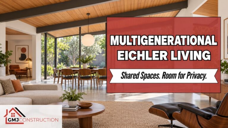 Illustrative Eichler living and dining space with a separate reading nook for multigenerational living