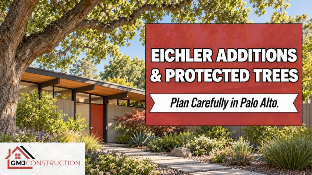 Illustrative Eichler house and mature tree for a Palo Alto addition planning guide
