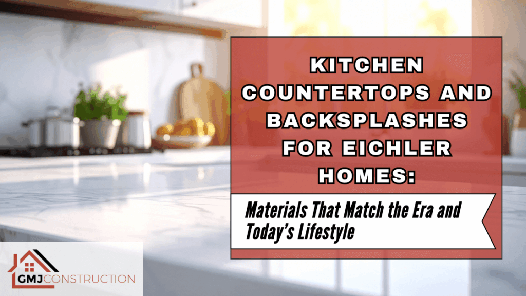 Kitchen counter with text about countertops and backsplashes