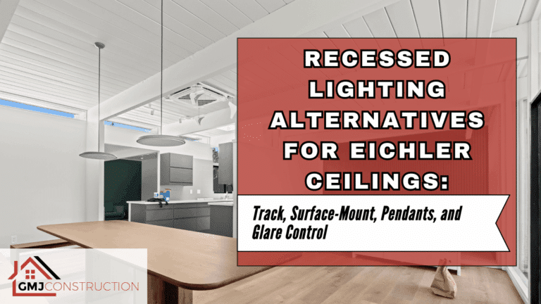 Kitchen with a red sign highlighting recessed lighting alternatives