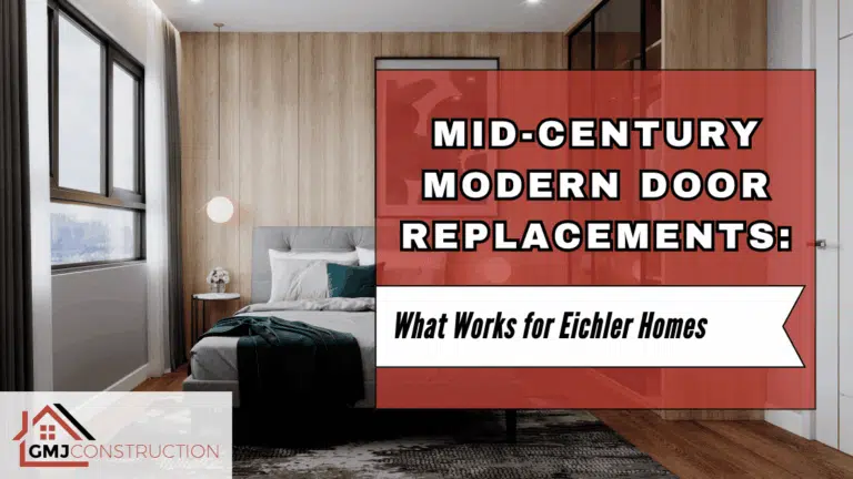 Mid-century modern bedroom with neatly made bed and red sign