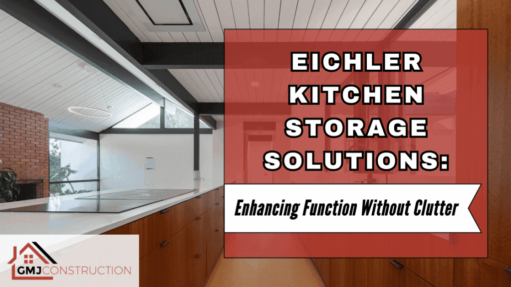 Modern kitchen with red 'kitchen storage solution' sign