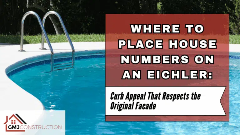 Swimming pool with red sign for house number placement guidance
